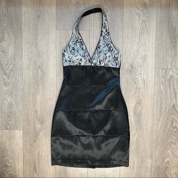 Women’s City Studio Halter Satin Lace Mini Dress Vintage Y2K 2000s Black - Picture 7 of 15